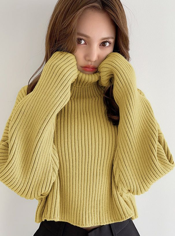 日本 GRL - 落肩高領羅紋針織上衣-暖陽橘 (F)