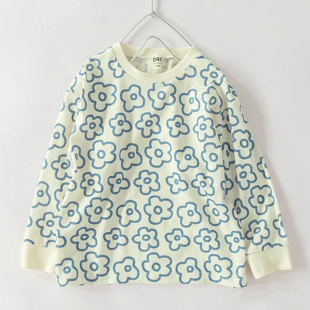 100%棉 可愛女孩印花長袖上衣-滿版花朵-象牙白
