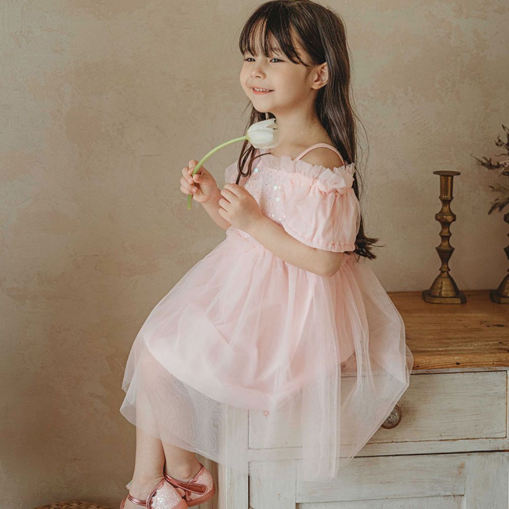 花朵亮片露肩網紗層次洋裝-粉紅