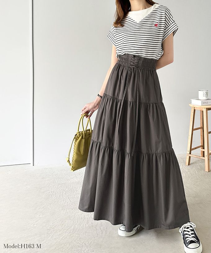 日本 Classical Elf - 古典優雅綁帶分層鬆緊長裙-黑