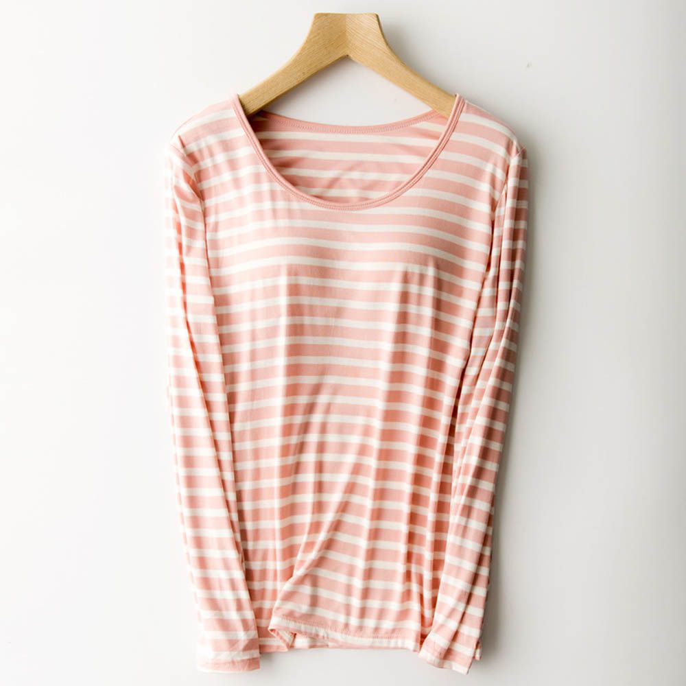 莫代爾柔軟長袖Bra T-粉白條紋