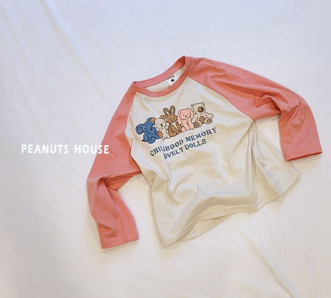 韓國 Peanuts House - 動物好友玩偶印長袖上衣-粉橘