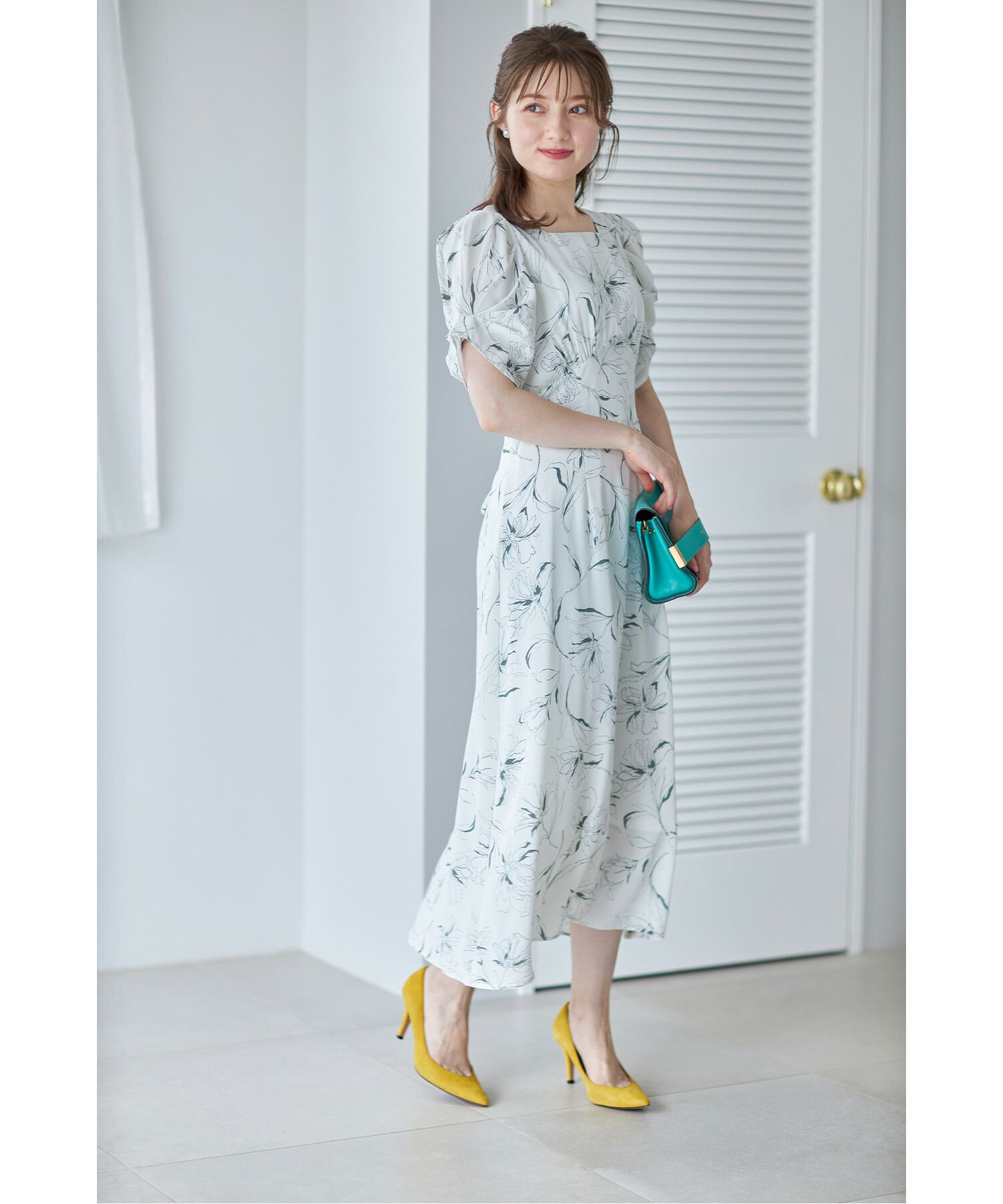 日本 tocco-closet - 典雅方領後綁帶泡泡袖洋裝-純潔百合-春芽綠