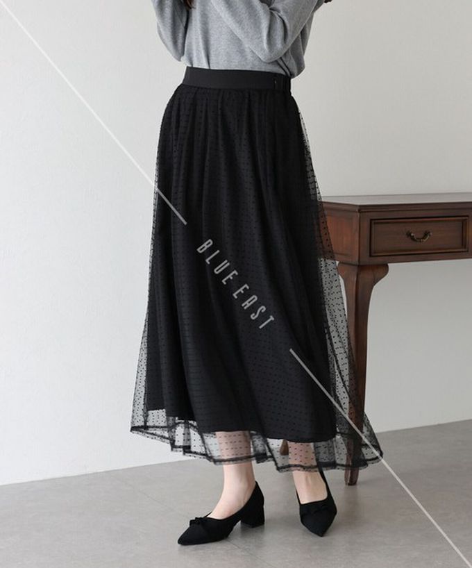 日本 BLUE EAST - 華麗雙層薄紗魅力長裙(可選長度)-水玉-黑