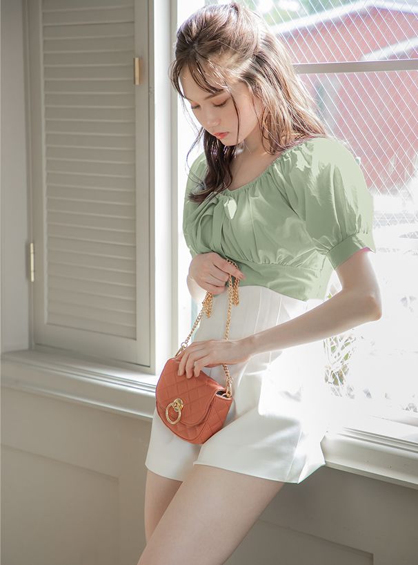 日本 GRL - 氣質抓皺U領蝴蝶結綁帶短版短袖上衣-青春綠