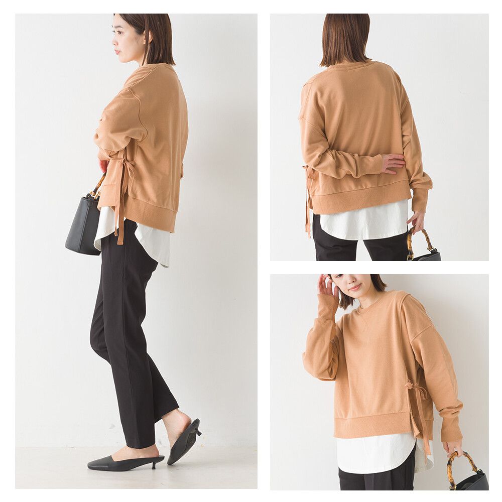 日本 OMNES - 100%棉 側綁帶百搭大學T-黑