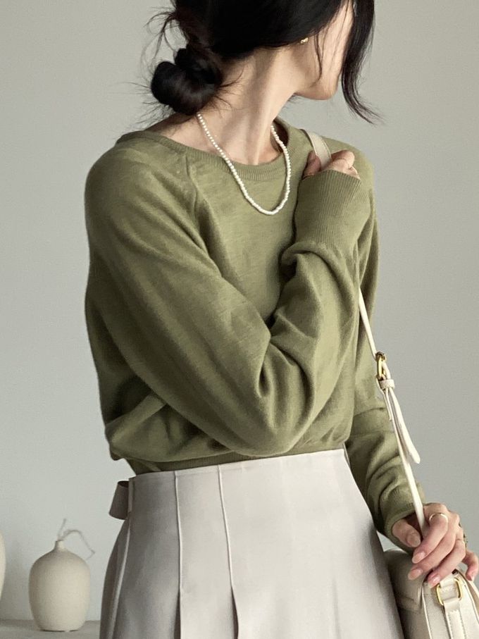 韓國女裝連線 - 喀什米爾混織針織上衣(不刺膚)-綠 (FREE)