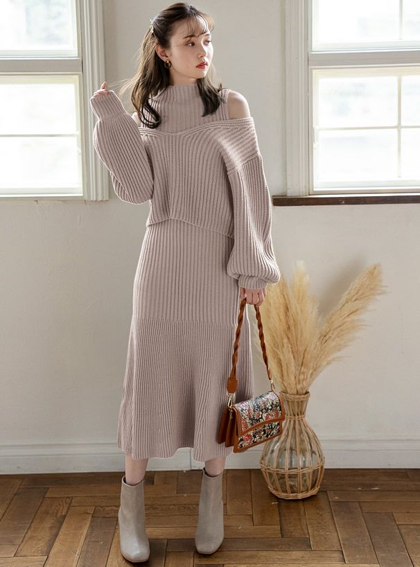 日本 GRL - 挖肩設計針織毛衣X針織魚尾長裙兩件組套裝-藍