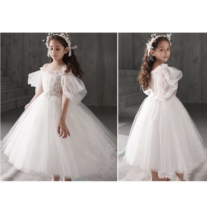 love, charlotte - 一字領立體花蓬蓬白紗氣質長裙禮服-白色