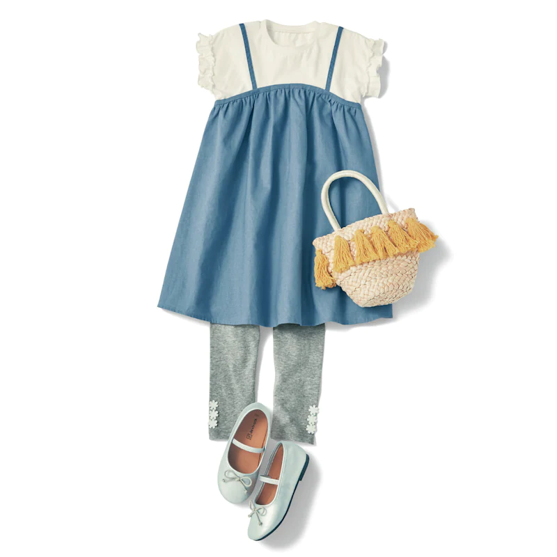 日本千趣會 - 假兩件吊帶棉麻透氣荷葉袖洋裝-條紋x卡其