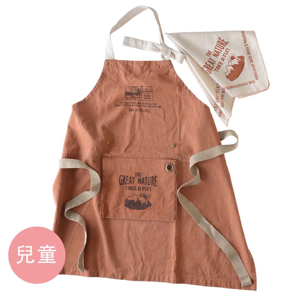 日本代購 - 印度棉質感兒童料理圍裙(可調尺寸/收納)+頭巾兩件組-美式露營插畫-灰橘 (100-160cm)