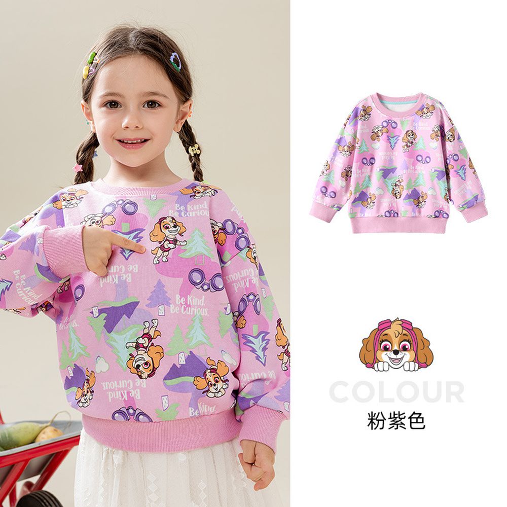 卡通汪汪隊滿版森林圓領長袖上衣-卡通人物天天-紫粉色