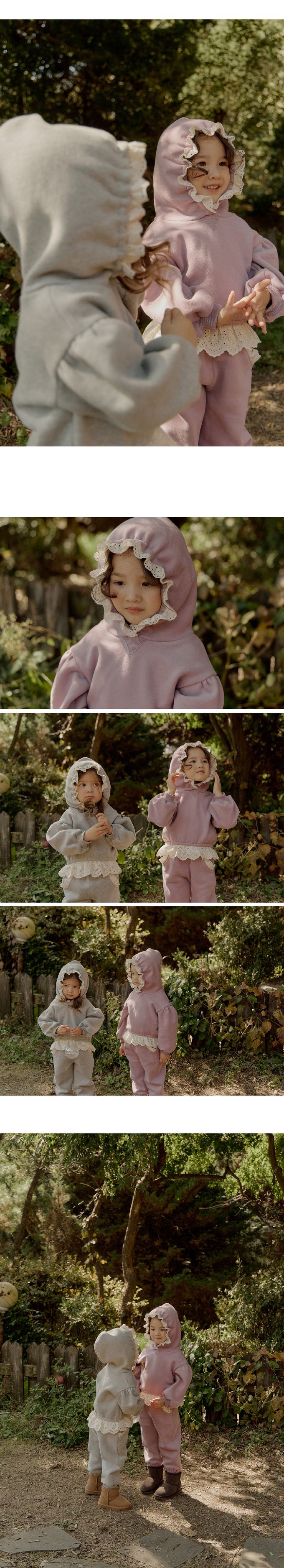 韓國 Puellaflo - 布花蕾絲點綴連帽上衣-粉紫