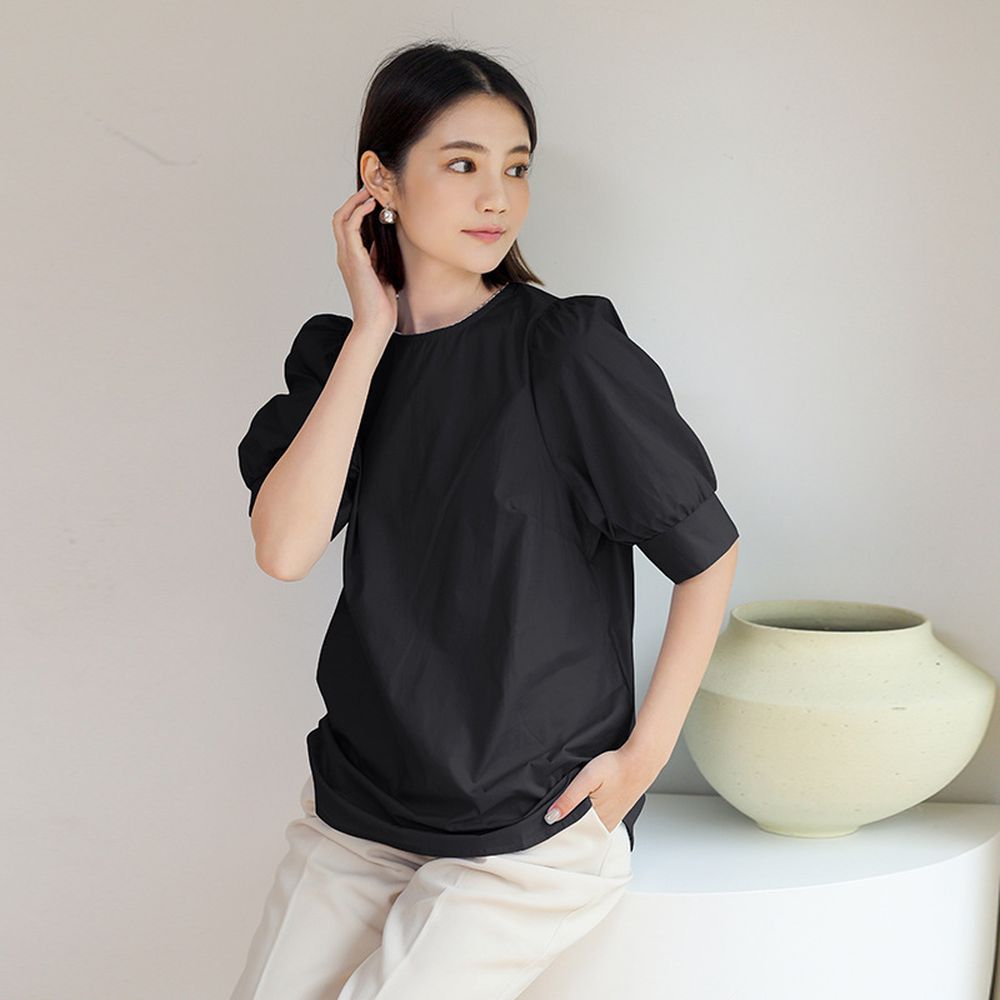 氣質百搭甜美燈籠袖上衣-黑色 (F)