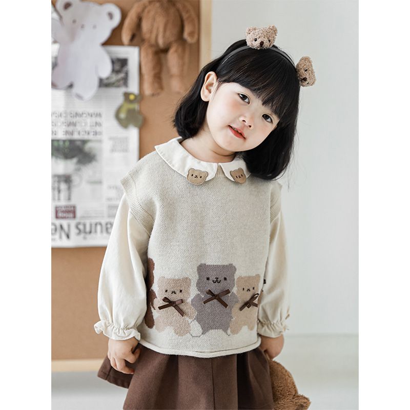 針織圓領百搭背心-熊熊-杏灰色