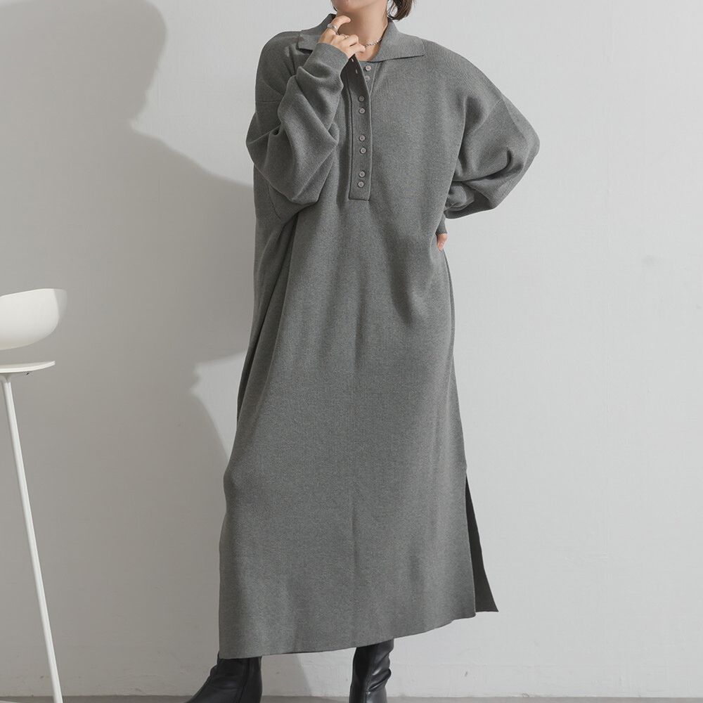 氣質排扣polo衫針織長袖洋裝-灰