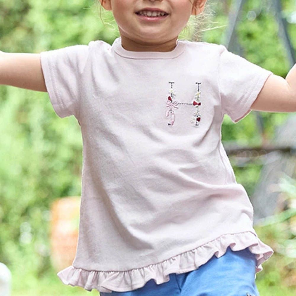 荷葉邊英文刺繡短袖上衣-H-淺粉紅