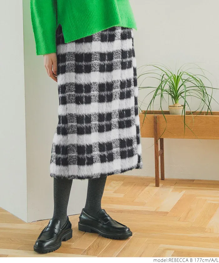 日本 COCA - 慵懶毛呢格紋鬆緊長裙-綠米