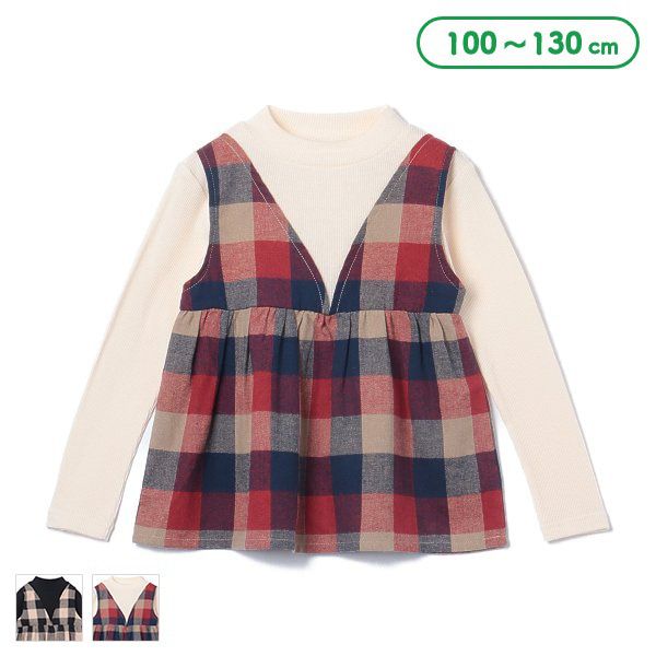 日本西松屋 - 異材質拼接假兩件長袖上衣-格紋-黑x卡其