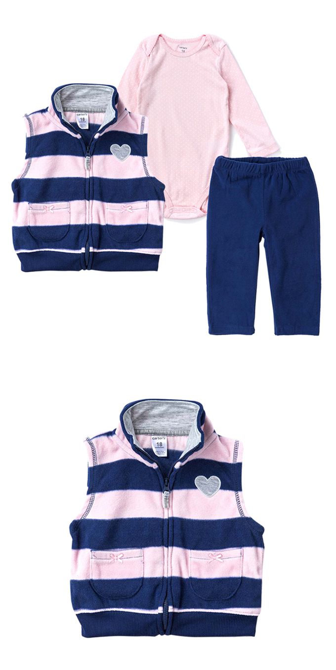 美國 Carter's - 愛心刺繡條紋刷毛背心+長袖包屁衣+長褲3件組