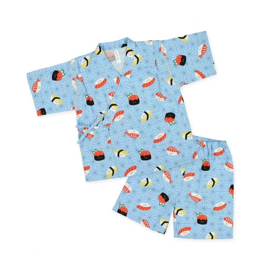 100%棉 夏季限定甚平短袖套裝-壽司-水藍