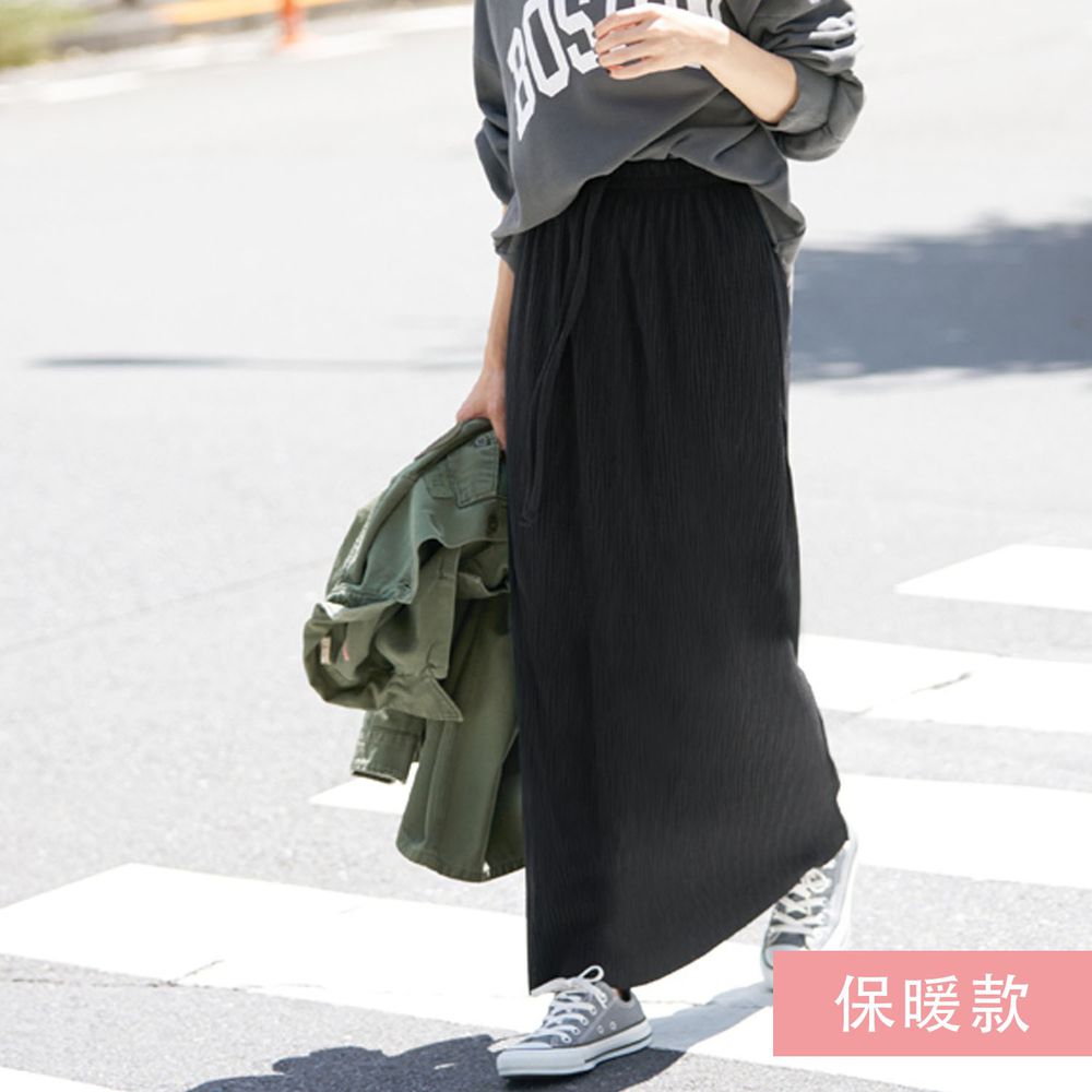 日本 COCA - [熱銷定番] 速乾垂墜彈性風琴長裙-保暖-黑