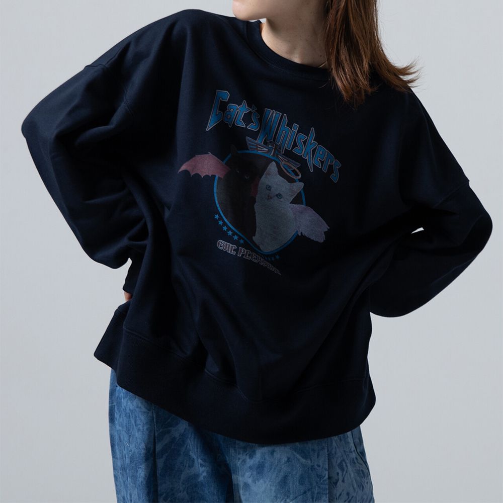 裏毛寬版天使惡魔貓咪印花大學T-深藍