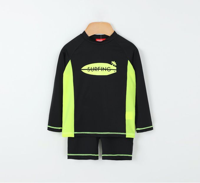 韓國 OZKIZ - 長袖防曬兒童泳衣-二件組-黑色椰子島