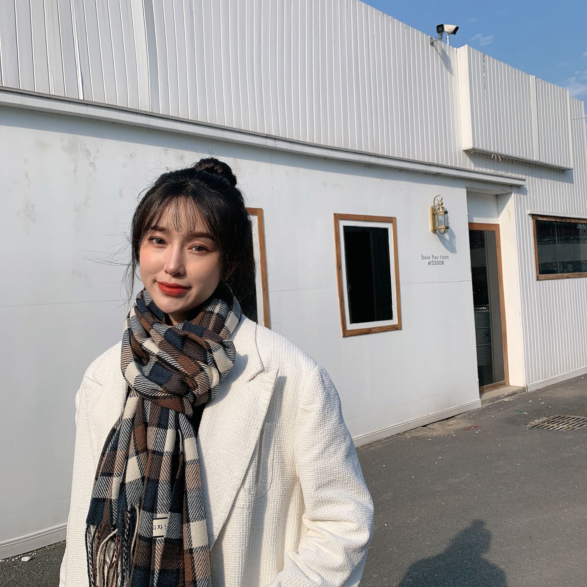 仿羊絨多彩格紋暖暖圍巾-灰+棕 (200x70cm)