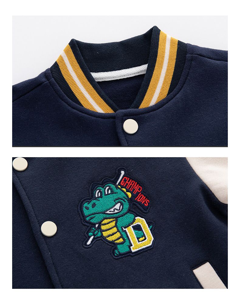 童趣拼色棒球外套-驕傲壞壞恐龍-深藍+杏