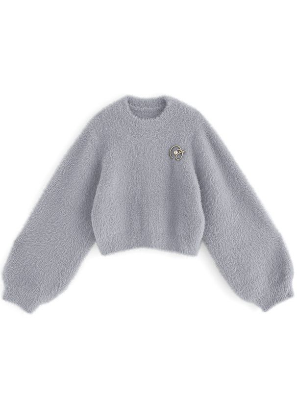 日本 GRL - 浪漫感毛海針織上衣(附珍珠胸針)-藍 (F)