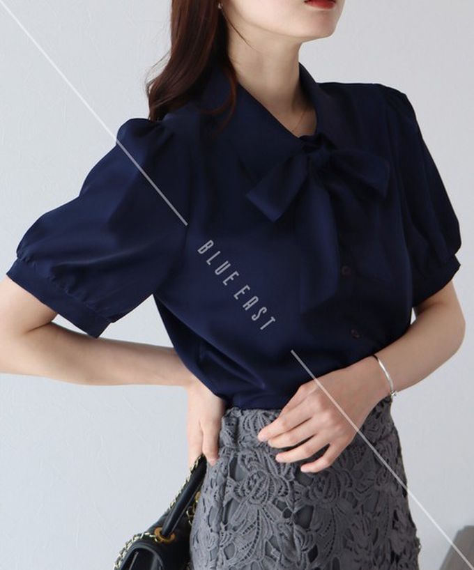 日本 BLUE EAST - 氣質蝴蝶結雪紡小澎袖襯衫-米白