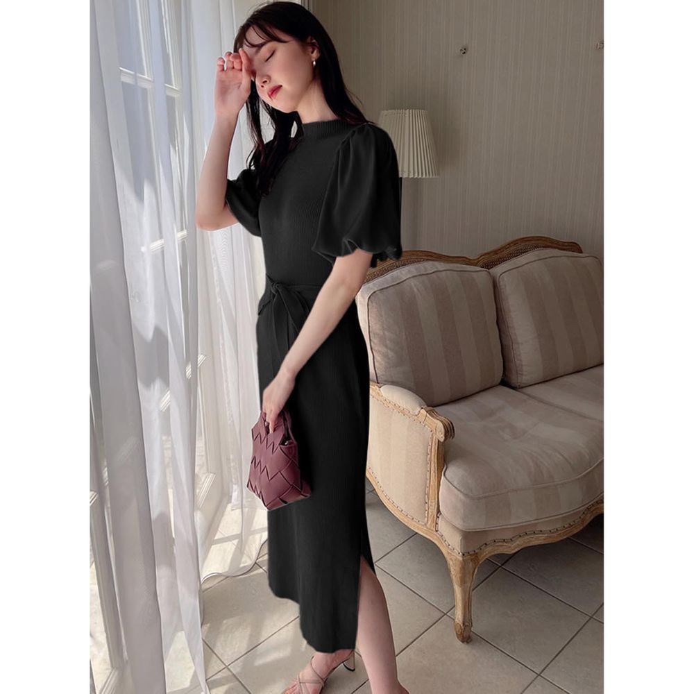 日本 GRL - 優雅羅紋薄針織泡泡袖洋裝-時尚黑