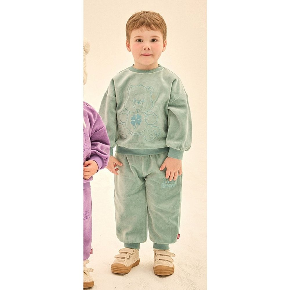 聯名款刺繡熊熊柔軟天鵝絨長袖套裝-湖水綠