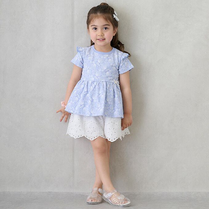 日本 petit main - 荷葉袖傘狀層次短袖上衣-滿版愛心-桃粉