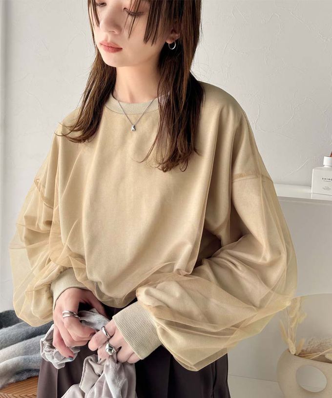 日本 Classical Elf - Java 透膚薄紗層次上衣-背後標籤印花-燕麥灰