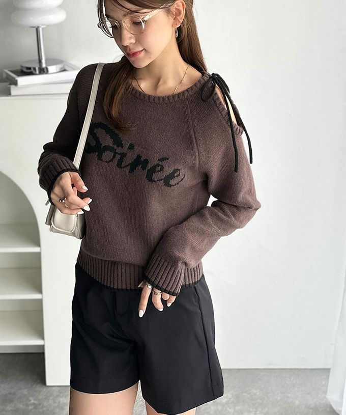 日本 Classical Elf - mily bilet 露肩綁帶唯美文字針織上衣-灰