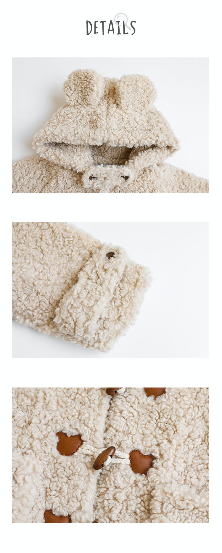 TONGMO - 立體造型羊羔絨牛角釦連帽外套-熊耳朵-米色