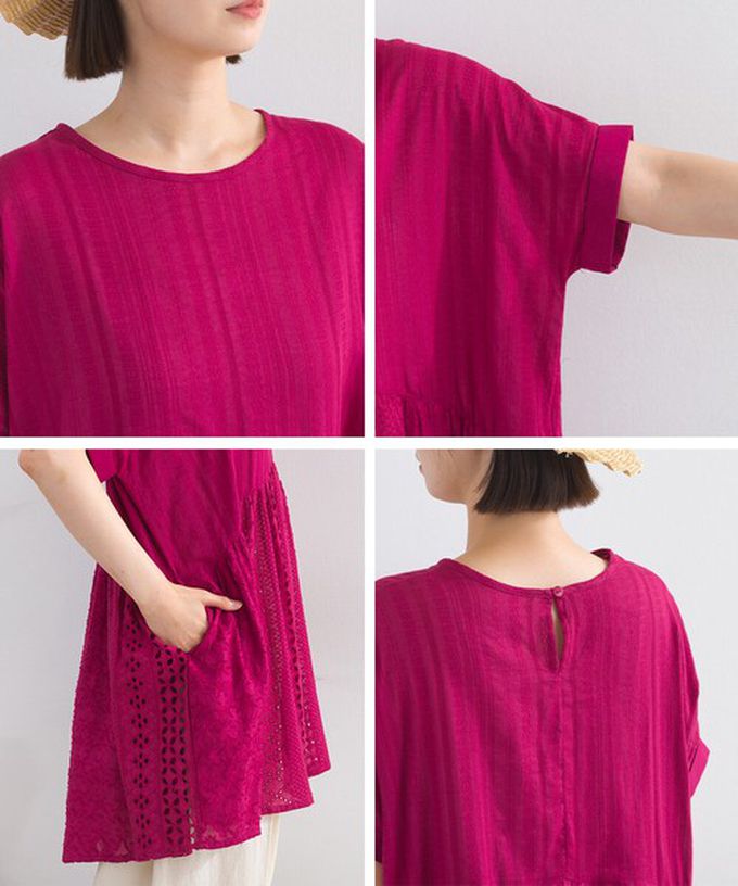 日本 Lupilien - 100%印度棉 柔美緹花長版短袖上衣-炭灰