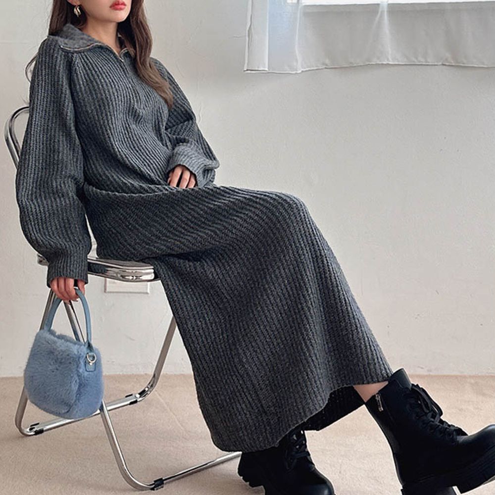 半拉鍊寬版粗針織休閒洋裝-深灰 (F)