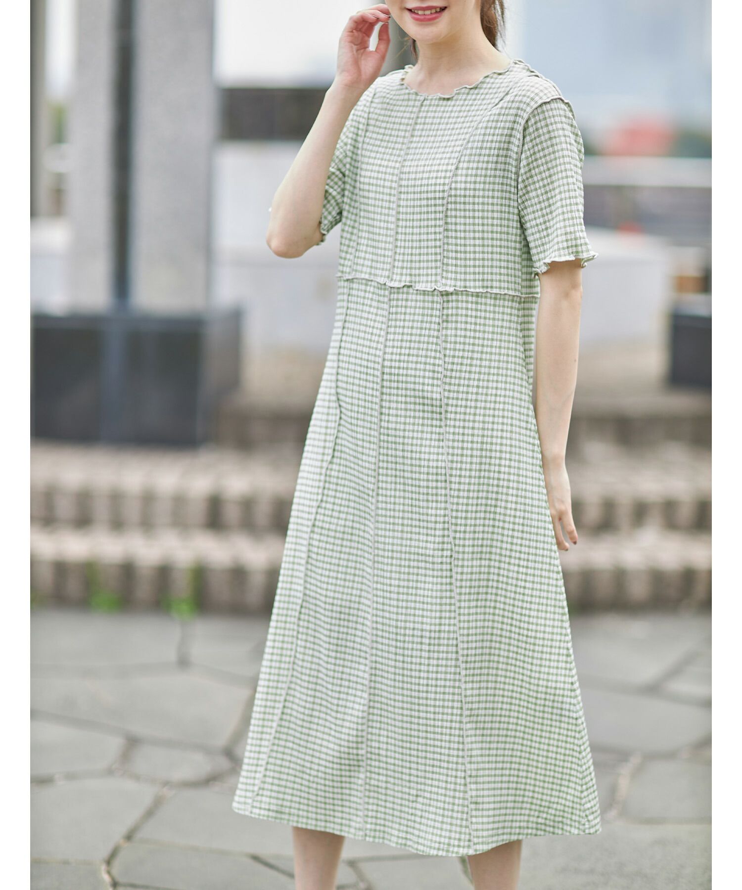 日本 tocco-closet - 修身線條五分袖洋裝-格紋-薄荷