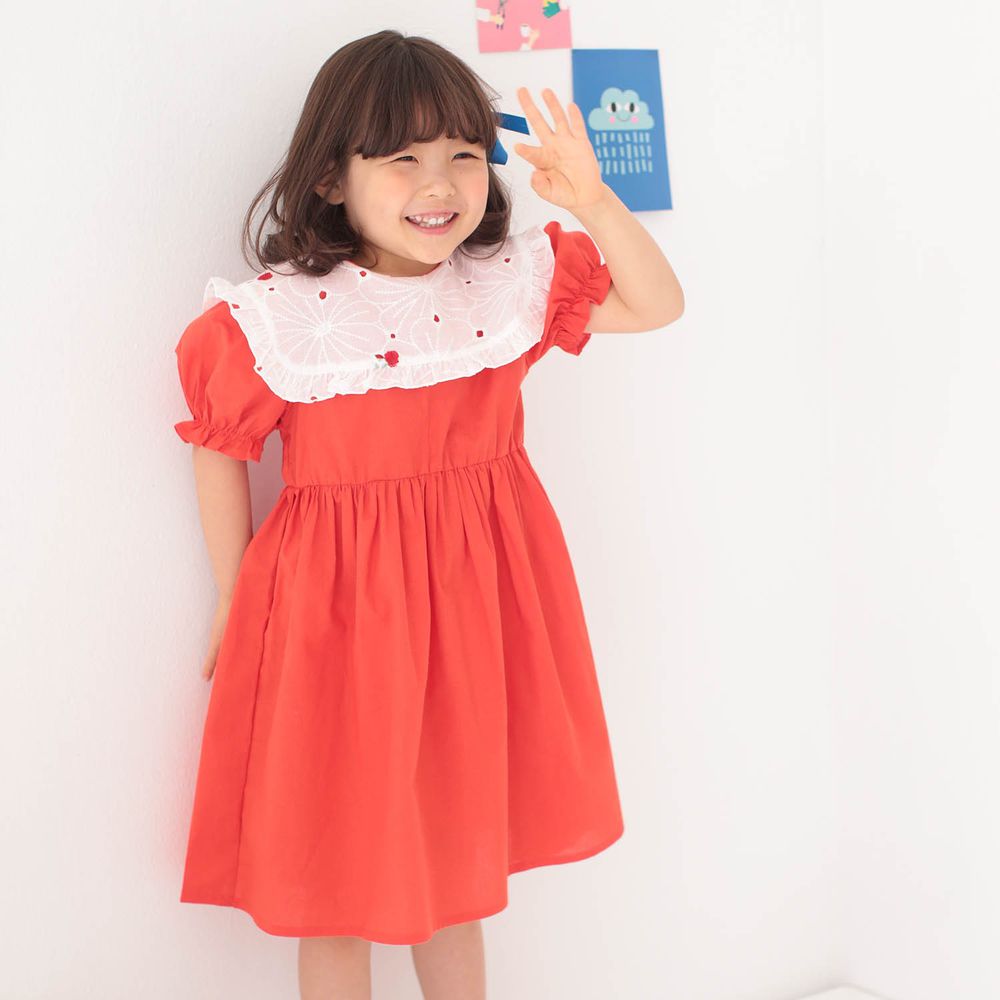 韓國 Dalla - 雕花鏤空白領洋裝-紅