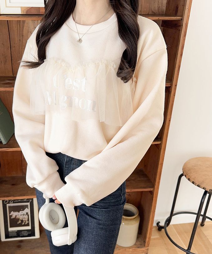 日本 Classical Elf - 胸前薄紗裏起毛休閒T恤-淺灰