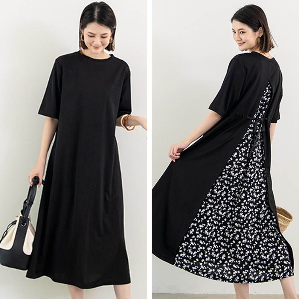 氣質顯瘦A字五分袖長洋裝-後拼接綁帶-黑+黑底花 (F)