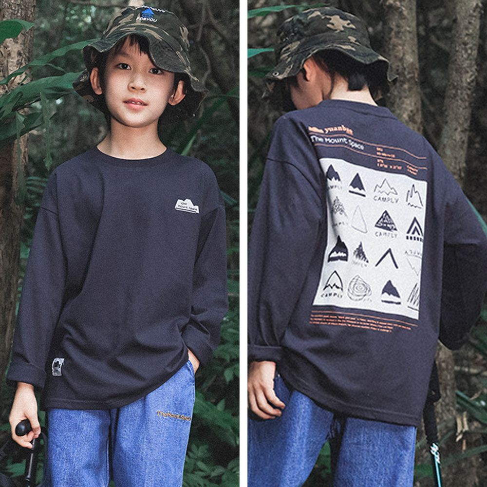 純棉圓領長袖上衣-手繪印花-深灰