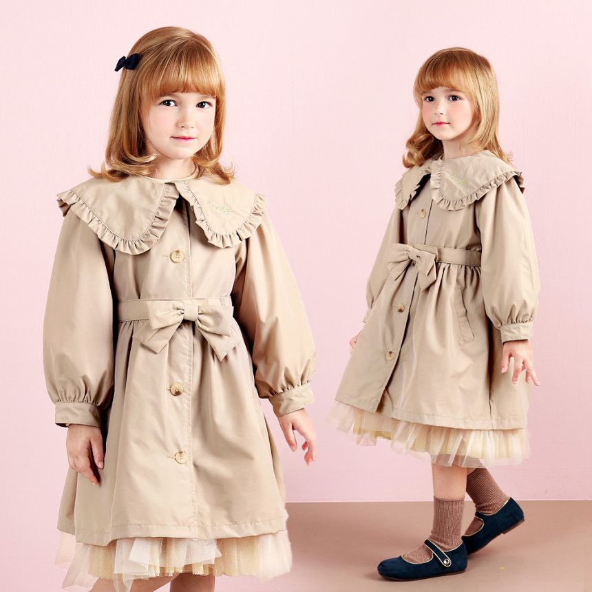 韓國 WALTON kids - (附腰帶)假兩件荷葉翻領拼接風衣外套-卡其