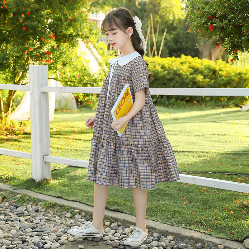 娃娃領短袖蛋糕裙洋裝-格紋-卡其+深藍