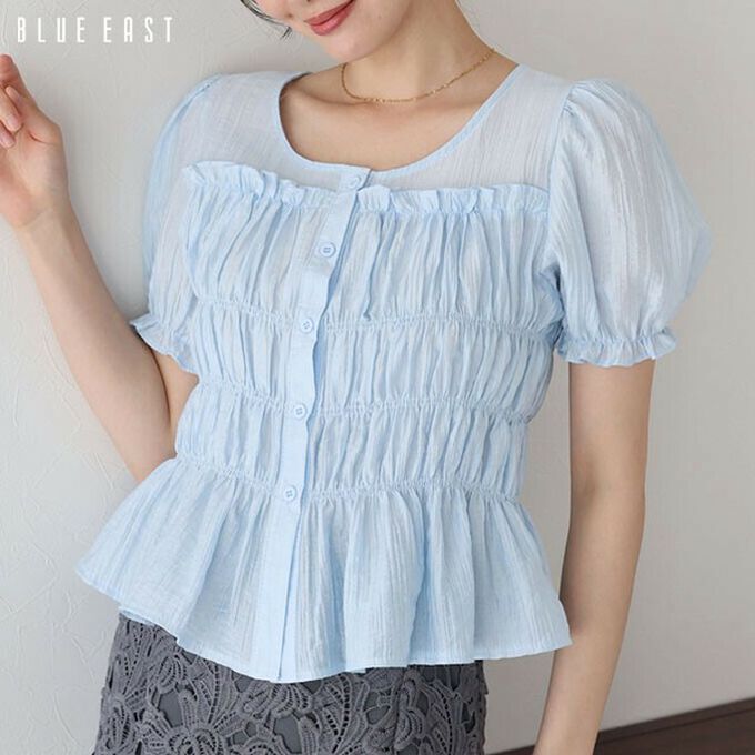 日本 BLUE EAST - 顯瘦皺摺荷葉泡泡短袖上衣-白