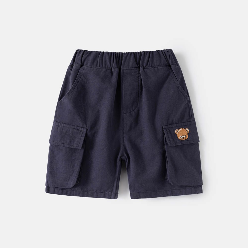 純棉腰鬆緊休閒五分褲-刺繡熊-藏青