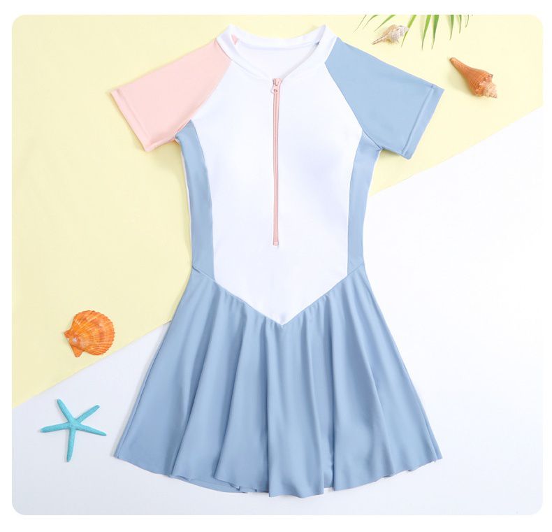 大童女孩運動風短袖連身裙泳衣-拼色款-粉+白+藍